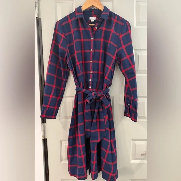 J. Crew Red Blue Plaid Check Flannel Button Up Dress Bow Tie Waist 100%Cotton - Picture 4 of 5